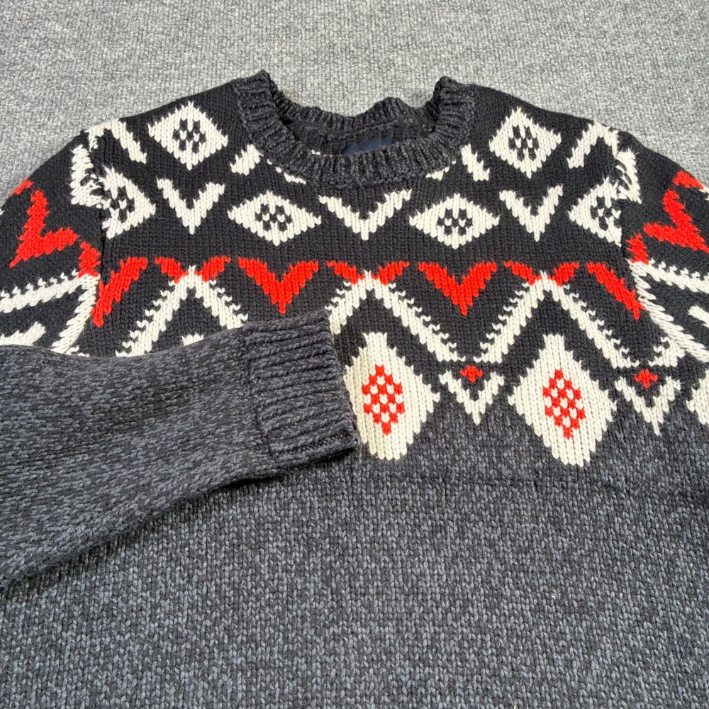 Lucky Brand Fair Isle Sweater Mens M Gray Red Wool Blend Geometric Crewneck